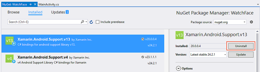 Entfernen von Xamarin.Support.v13 NuGet Paket-Manager entfernen