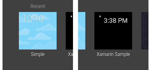 Wischen Sie, um Xamarin Sample Watch Face zu suchen Watchface-Auswahl
