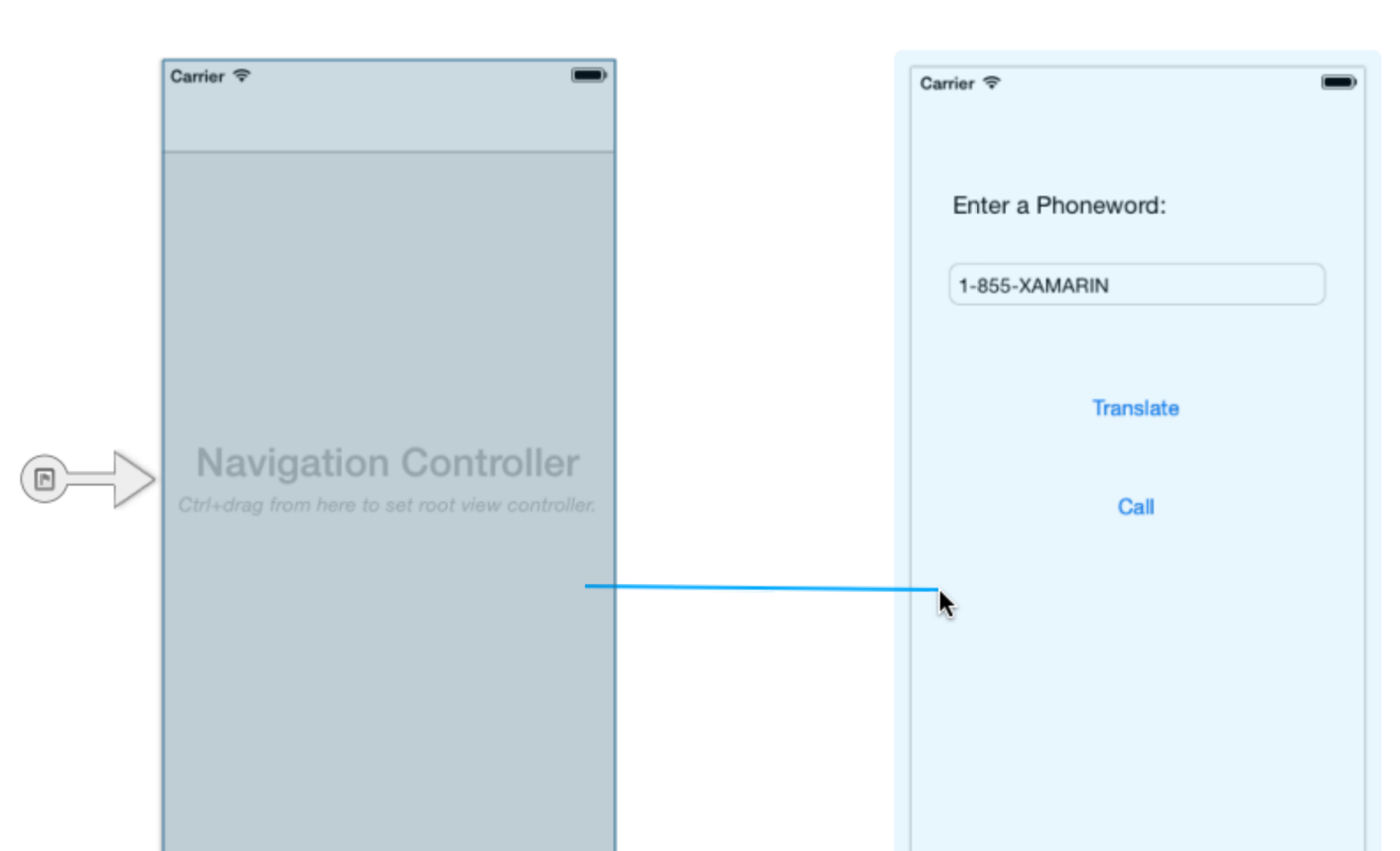 Ziehen vom Navigationscontroller zur Phoneword-Szene und Release