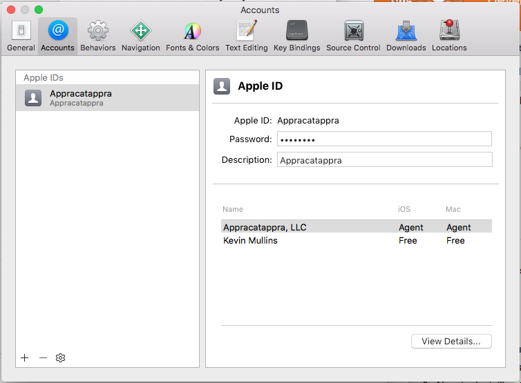 Xcode-Kontoeinstellungen