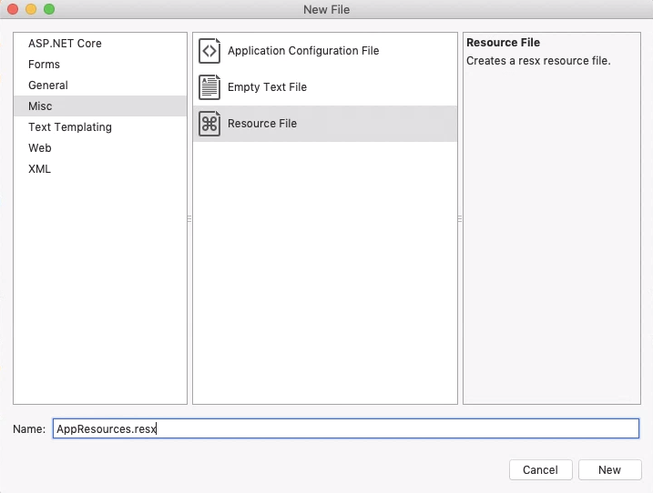 Hinzufügen einer neuen Ressource in Visual Studio 2019 für Mac