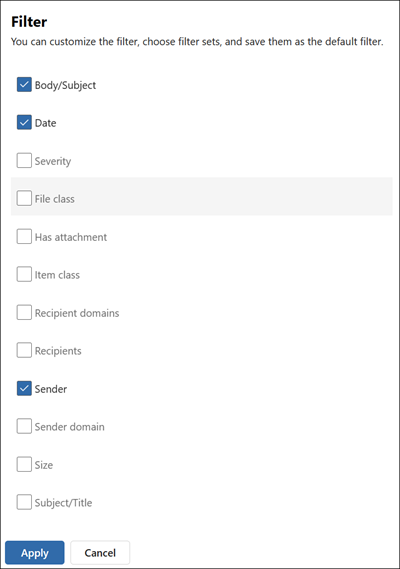 Schaltflächen für detailbezogene Filter für die Kommunikationskonformität