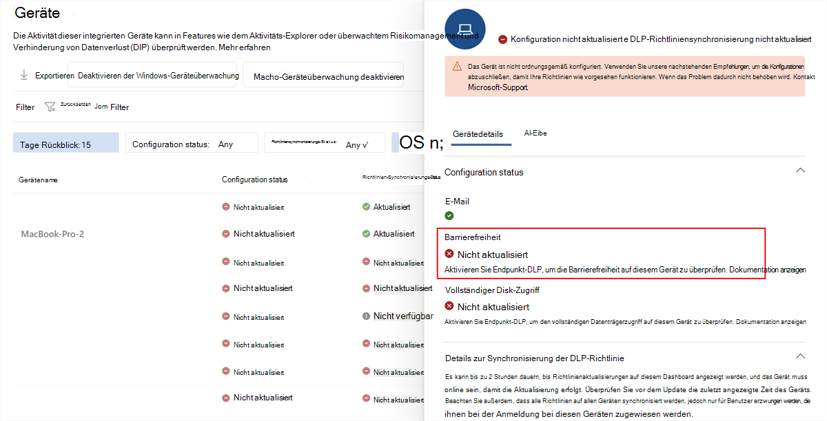 Screenshot der Microsoft Purview-Gerätedetails mit Barrierefreiheit mit dem Status 
