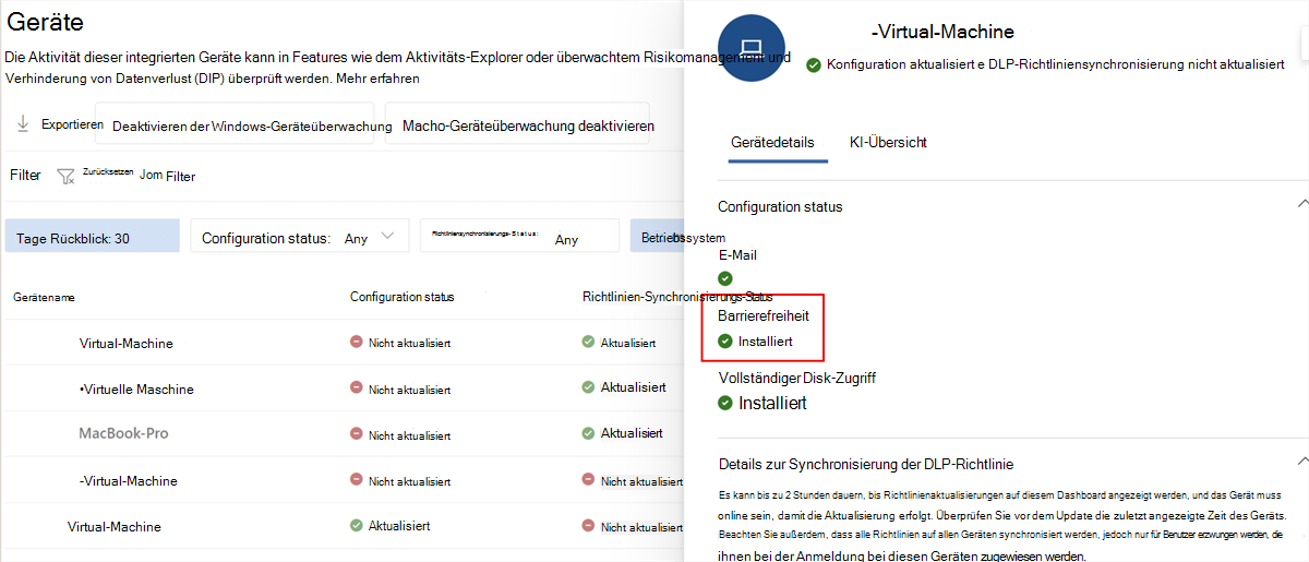 Screenshot der Microsoft Purview-Gerätedetails mit Barrierefreiheit mit dem Status 