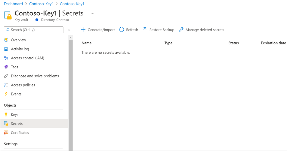 Screenshot der instance von Azure Key Vault.