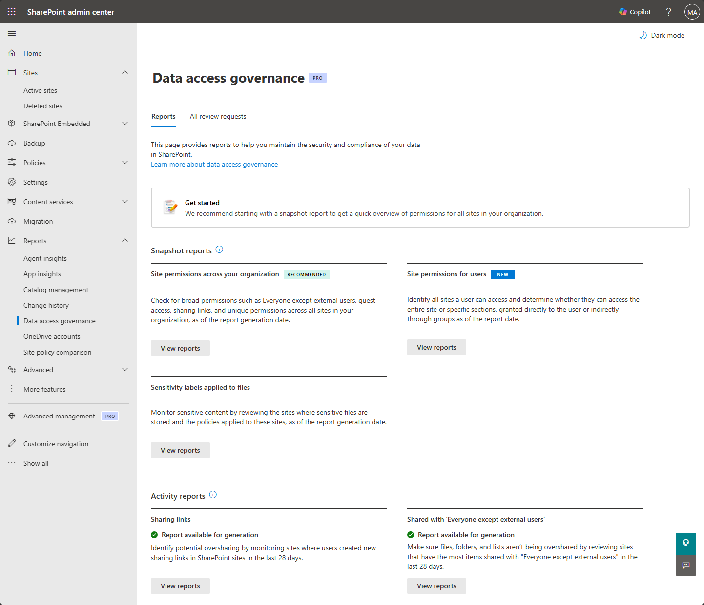 Screenshot: Berichte zur Datenzugriffsgovernance im SharePoint Admin Center