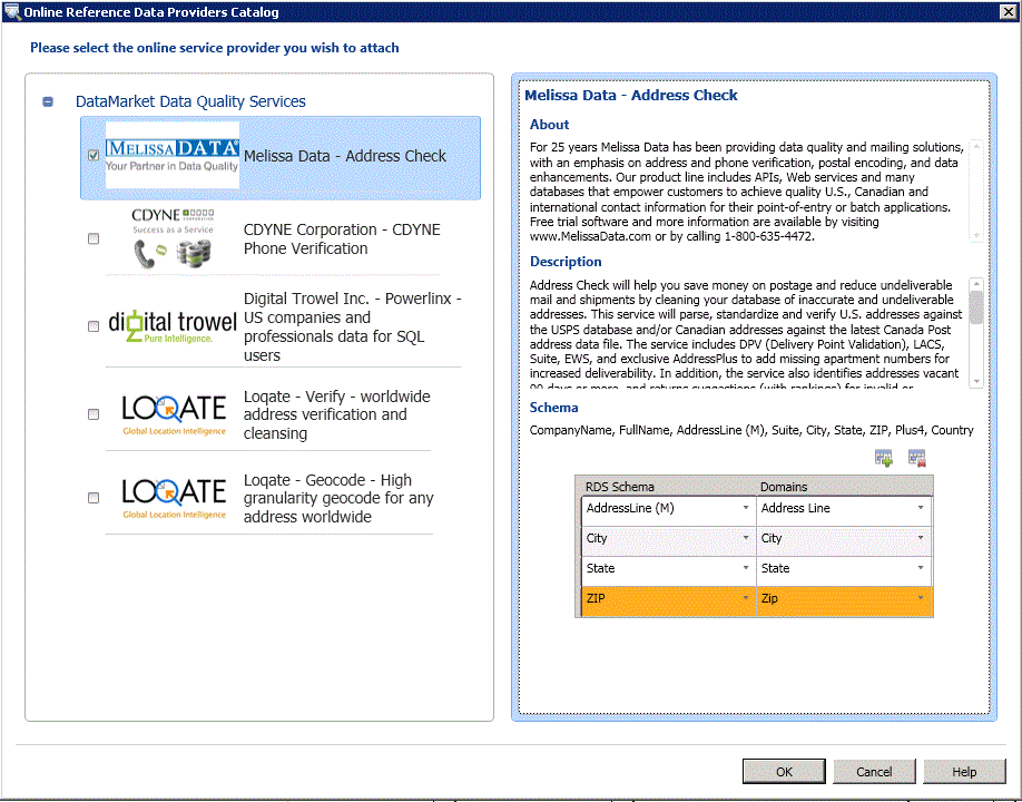 Dialogfeld Onlinekatalog der Reference Data Service-Anbieter