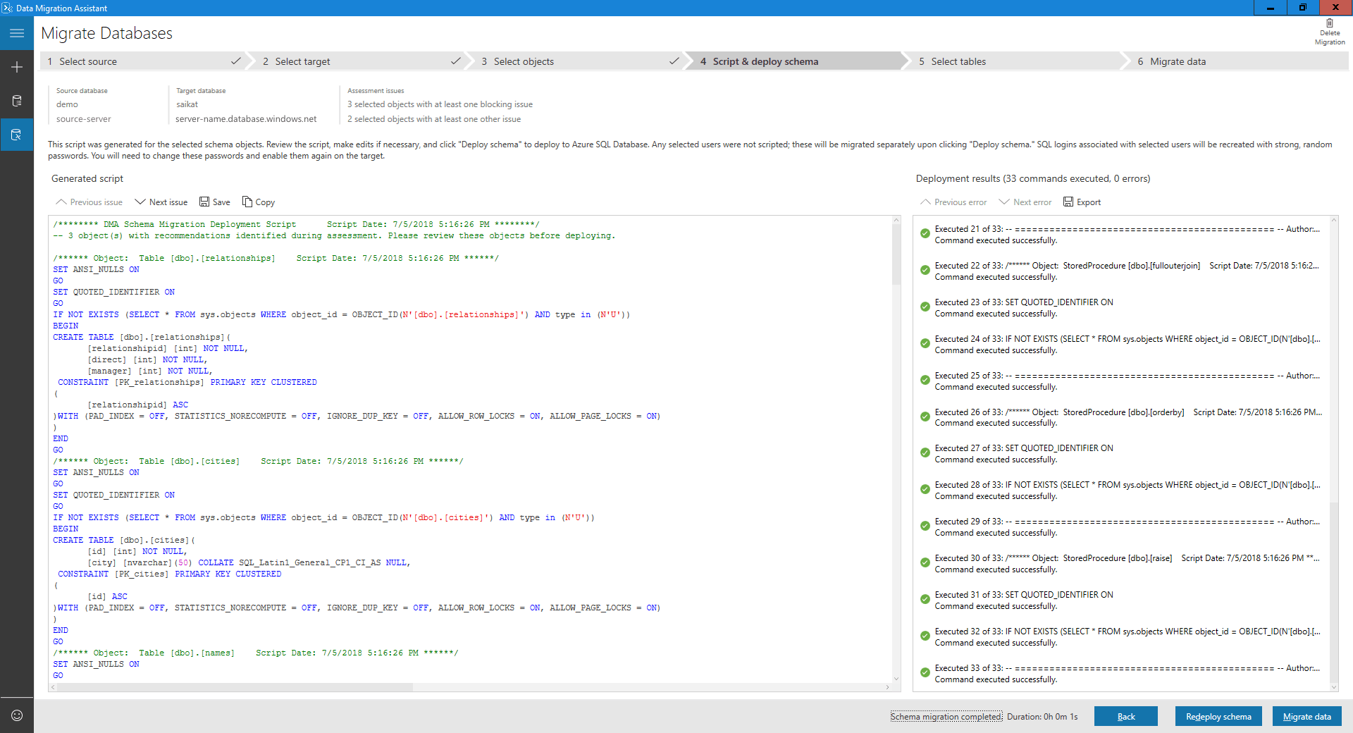 Screenshot: Ergebnisse der Schemabereitstellung
