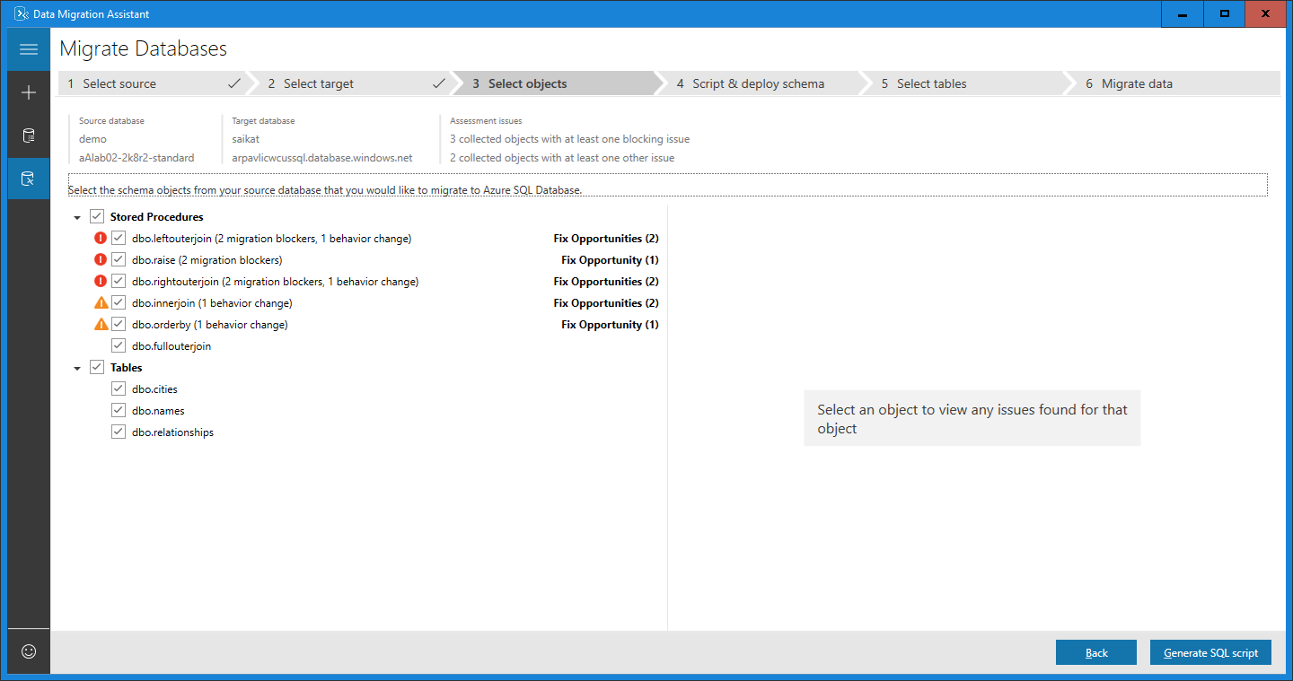 Screenshot: Schemaobjekte auswählen