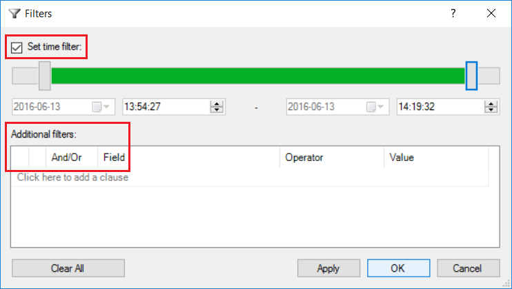 Screenshot Filter für Zeitraum und Spalten im Dialogfeld Filter.