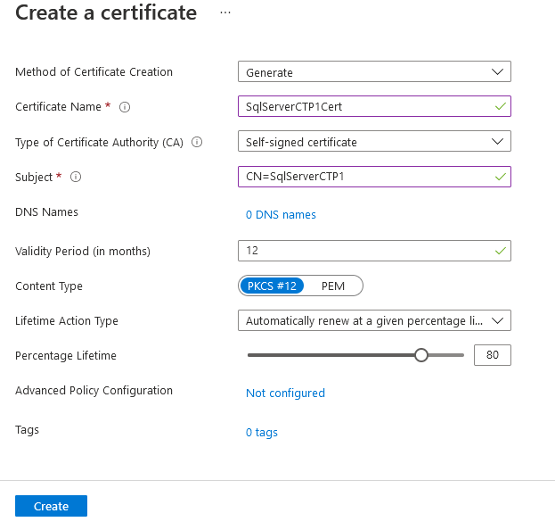 Screenshot der Zertifikaterstellung im Azure-Portal