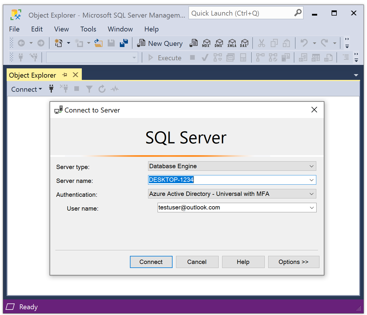 Screenshot SSMS, der das „Mit dem Server verbinden“-Fenster zeigt.