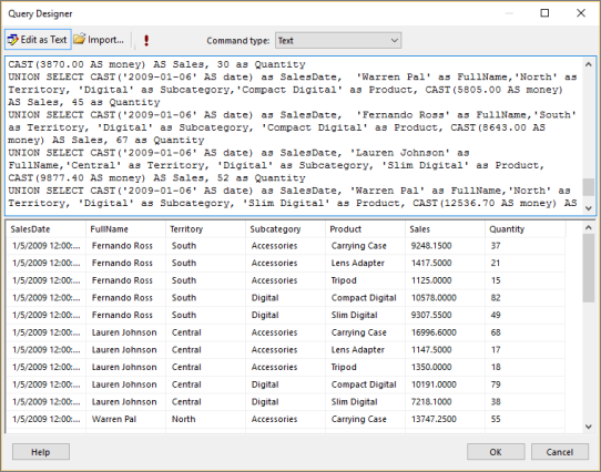 Screenshot des Abfrage-Designers mit den Daten, die im Freiformbericht des Berichts-Generators angezeigt werden können.