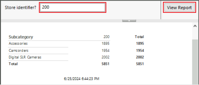 Screenshot der Berichtsvorschau, wenn die Store-ID 200 an der Store-ID-Eingabeaufforderung eingegeben wird.