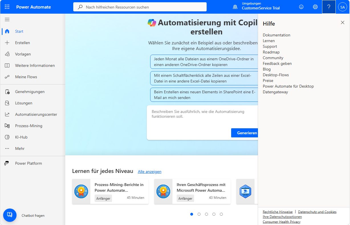 Screenshot des Hilfebereichs in Power Automate.