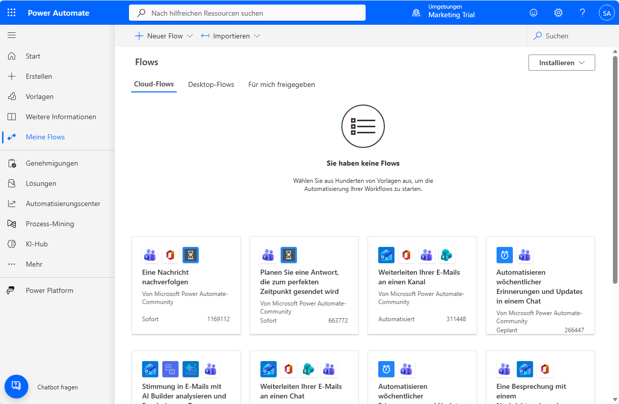 Screenshot von Power Automate mit der im linken Navigationsbereich ausgewählten Option „Meine Flows“.