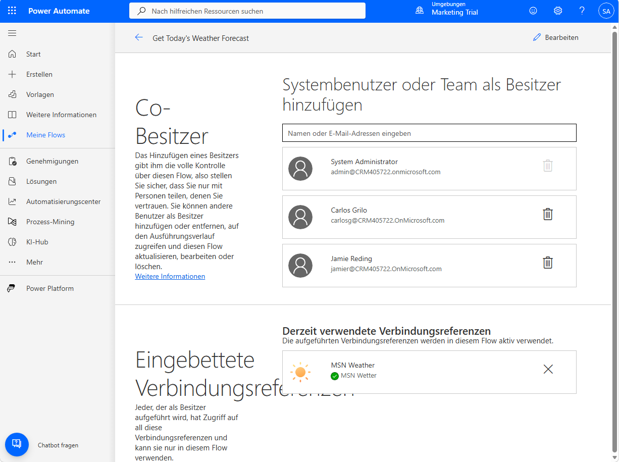 Screenshot der Seite „Mitbesitzer“, der die Schaltfläche „Besitzer aus Flow entfernen“ (Papierkorbsymbol) neben jedem Mitbesitzer zeigt.