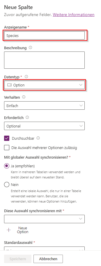 Screenshot des Abschnitts „Neue Spalte“