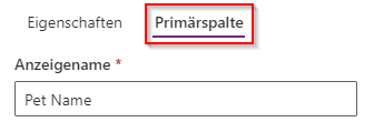 Screenshot mit dem primären Spaltenbereich für die neue Tabelle für Haustiere