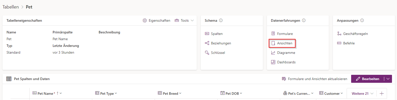 Screenshot des Navigationsbereichs der Pets-Tabelle mit hervorgehobenen Ansichten