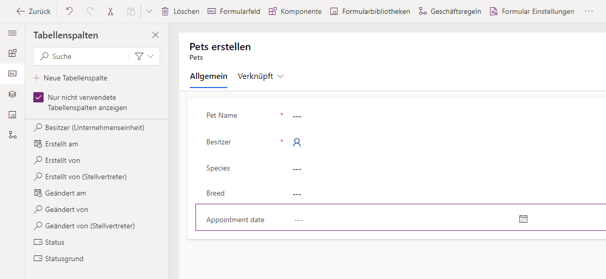 Screenshot des Abschnitts „Allgemein“ des Formular-Canvas