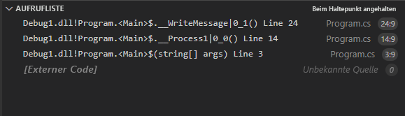 Screenshot der Call-Stack-Ebenen zwischen dem Auslösen einer Ausnahme und ihrem Abfangen.