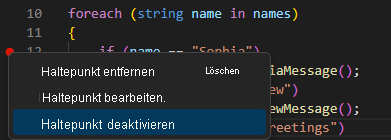 Screenshot, der die Option zeigt, einen Breakpoint im Visual Studio Code-Editor zu deaktivieren.