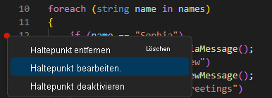 Screenshot: Option zum Bearbeiten eines Haltepunkts im Visual Studio Code-Editor.