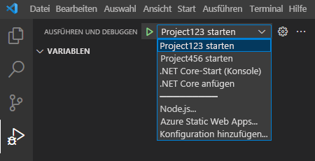 Screenshot der Startkonfigurationsoptionen in der Ansicht 