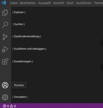 Screenshot der Visual Studio Code-Aktivitätsleiste mit beschrifteten Symbolen.