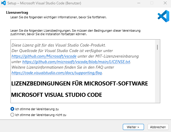 Screenshot des Visual Studio Code-Installers.