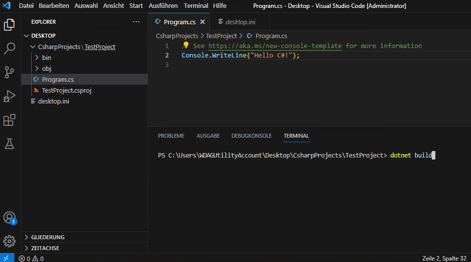 Screenshot: Befehl „dotnet build“, der im Visual Studio Code-Panel „TERMINAL“ eingegeben wird