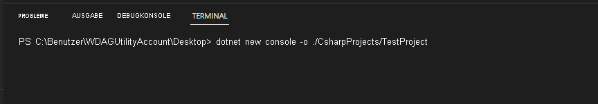 Screenshot: Befehl, der im Visual Studio Code-Panel „TERMINAL“ eingegeben wird