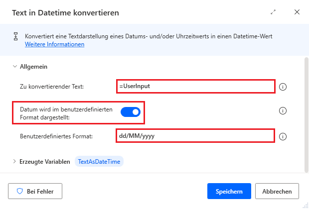 Screenshot der Aktion „Konvertiert Text in Datetime“
