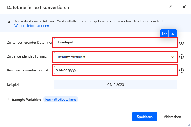 Screenshot der Aktion „Datetime in Text konvertieren“