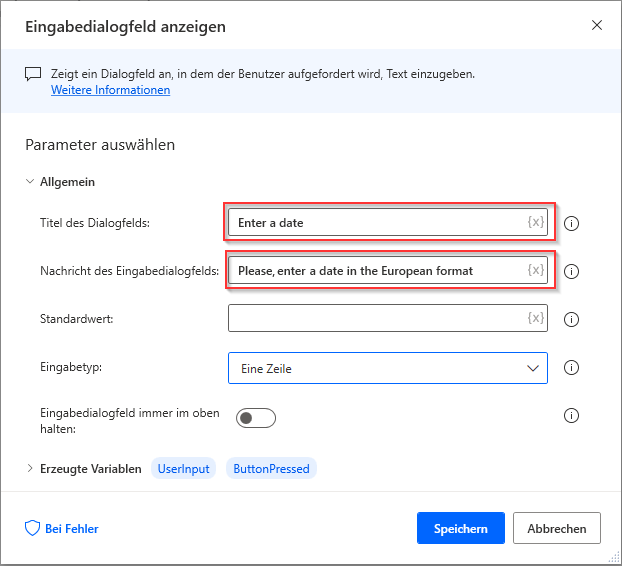 Screenshot der Aktion „Eingabedialog anzeigen“