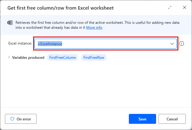 Screenshot des Dialogfelds der Aktion „Erste freie Spalte/Zeile aus Excel-Arbeitsblatt abrufen“