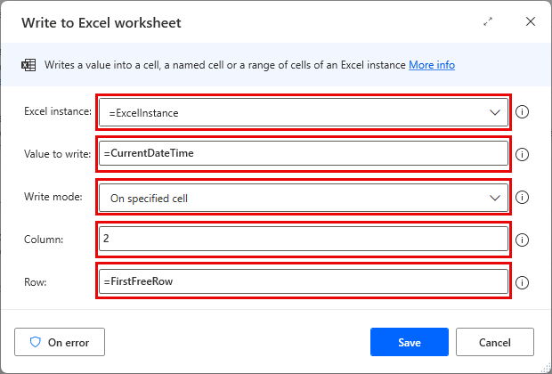 Screenshot der Aktion „In Excel-Arbeitsblatt schreiben“ mit Schreiben des Zeitstempels