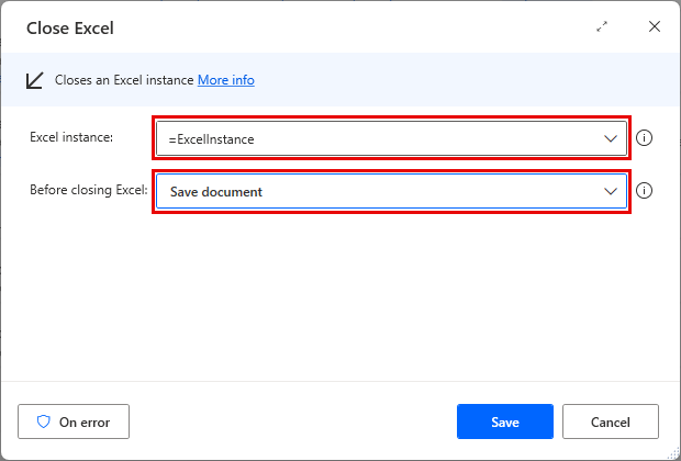 Screenshot des Dialogfelds zur Aktion „Excel schließen“