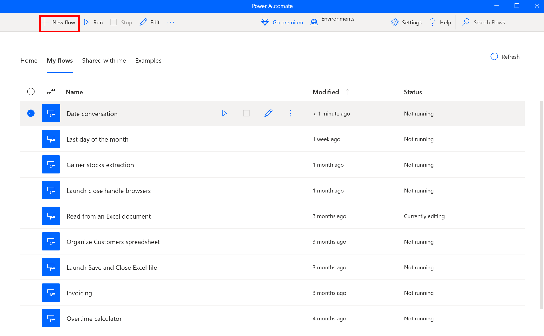 Screenshot der Schaltfläche „Neuer Flow“ in der Konsole
