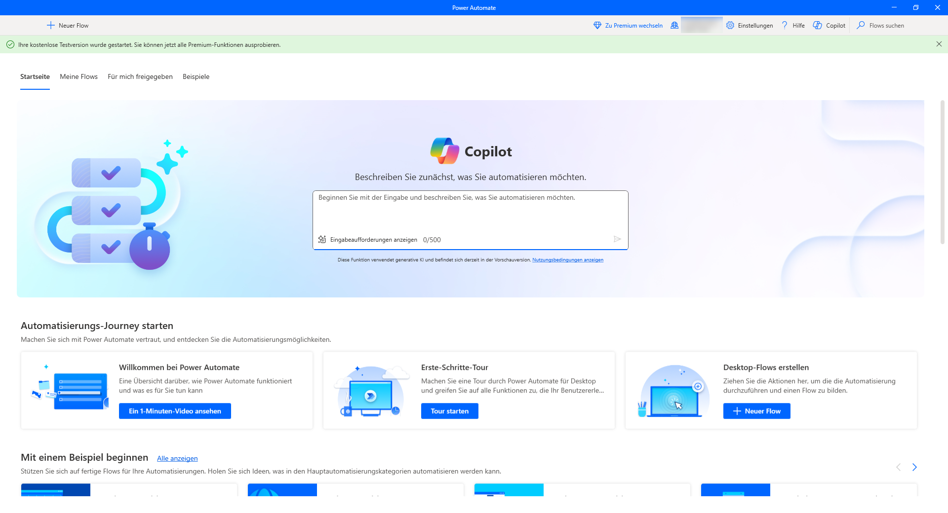 Screenshot der Schaltfläche „Neuer Flow“ in der Konsole