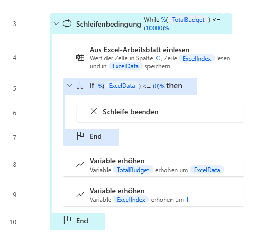 Screenshot des Arbeitsbereichs für die Aktion „Schleife beenden“