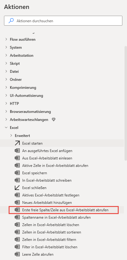 Screenshot der Actions-Tabelle mit der hervorgehobenen Spalte „Get first free“