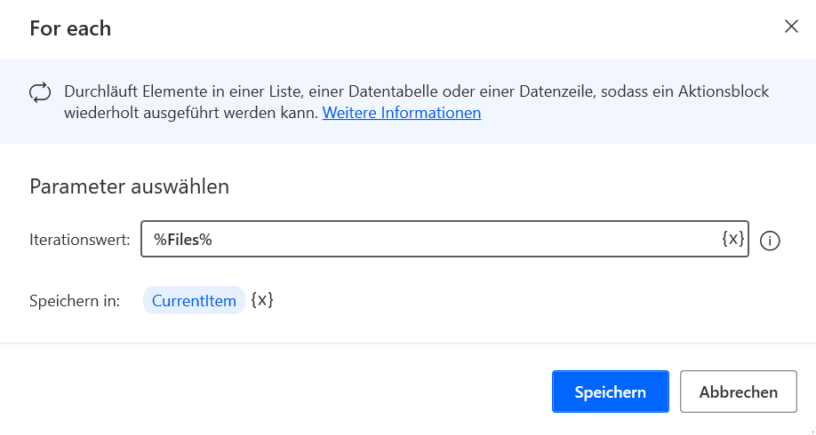 Screenshot des Dialogfelds mit den Aktionseigenschaften „For each“