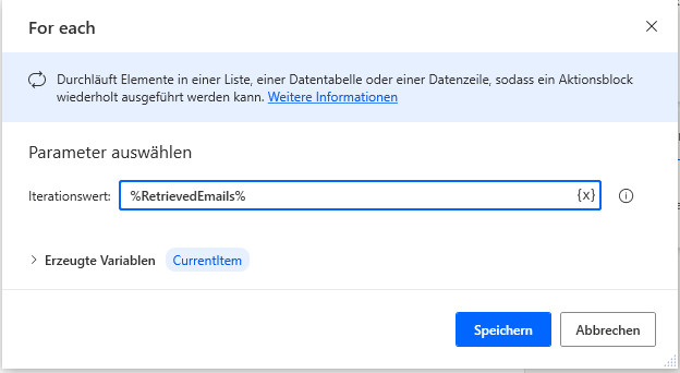 Screenshot des Dialogfelds mit den Aktionseigenschaften der „For each-Schleife“