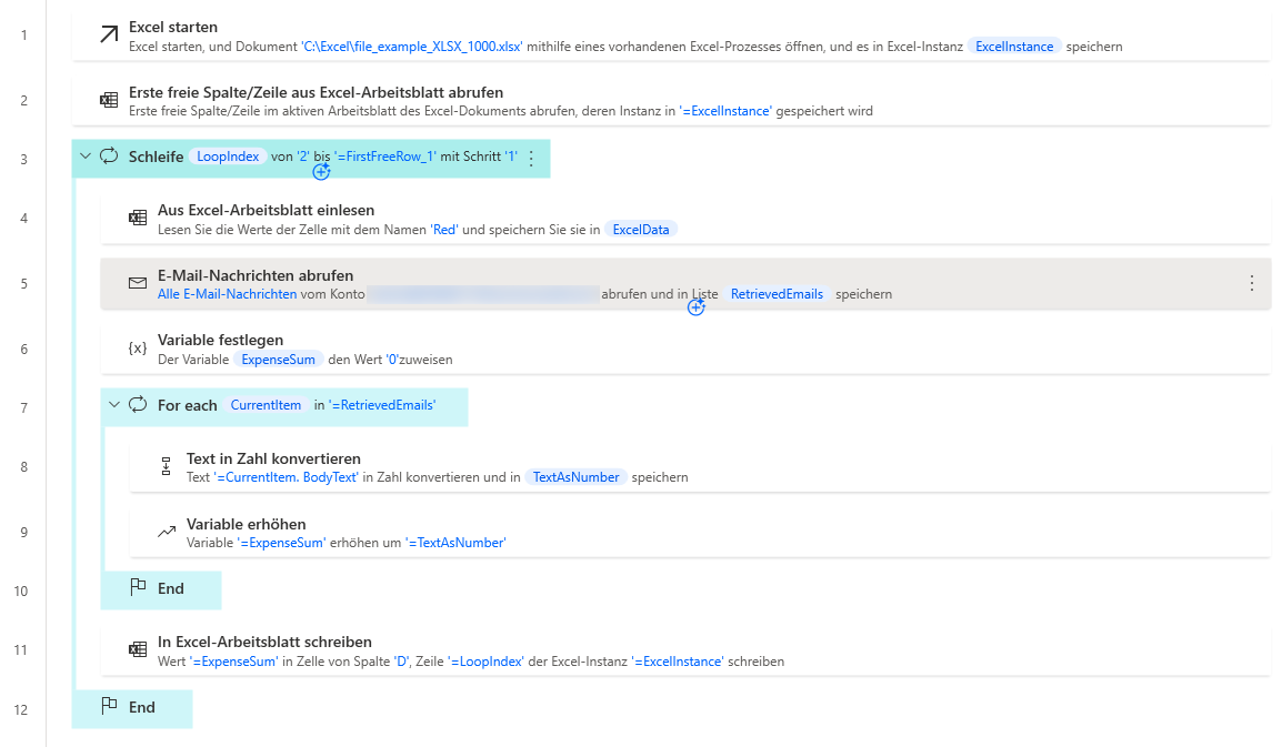 Screenshot des Beispiels für den Arbeitsbereich „For each-Schleife“