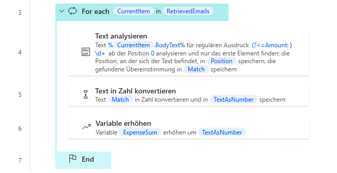 Screenshot des Beispiels für den Arbeitsbereich „For each-Schleife“