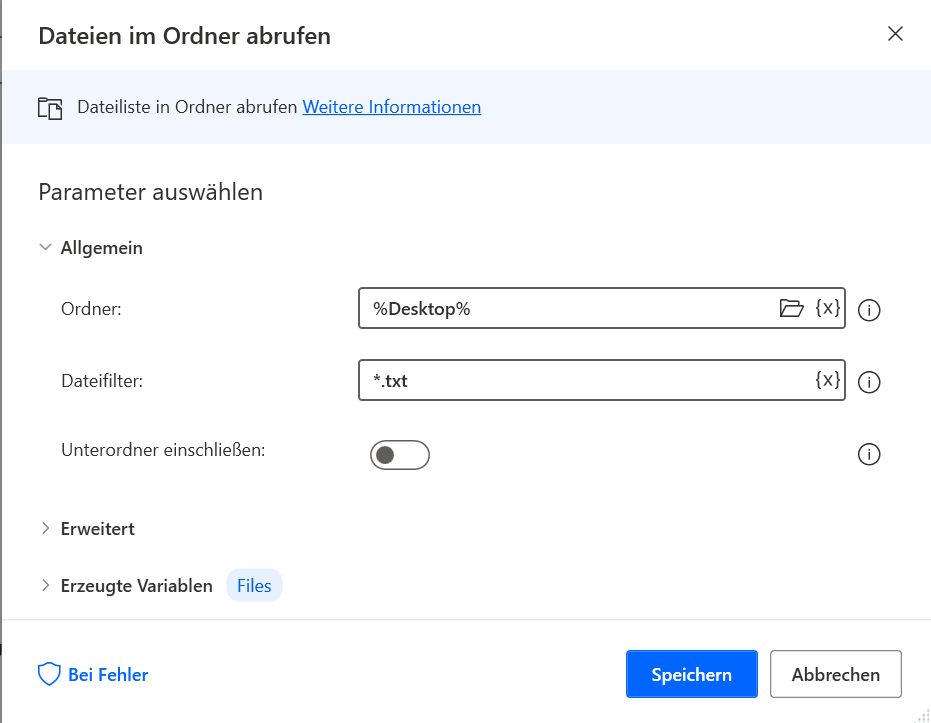 Screenshot des Dialogfelds mit Aktionseigenschaften „Dateien im Ordner abrufen“