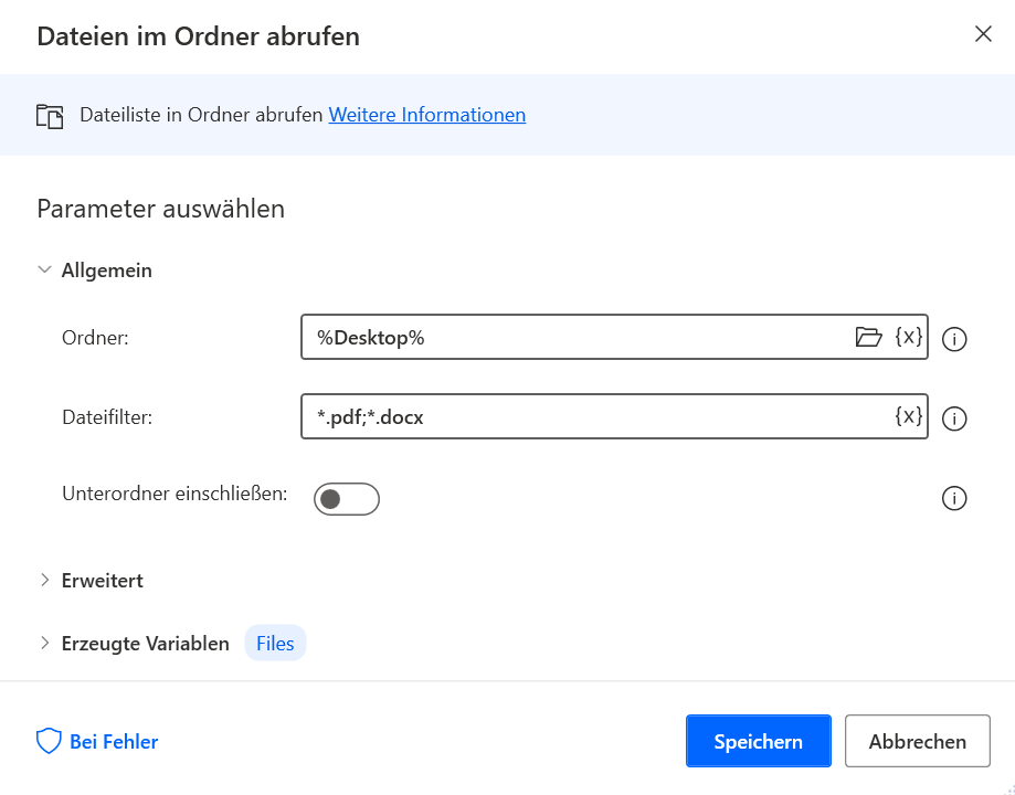 Screenshot des Dialogfelds mit Aktionseigenschaften „Dateien im Ordner abrufen“ für Desktop
