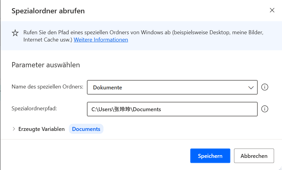 Screenshot des Dialogfelds für die Eigenschaften der Aktion „Spezielle Ordner abrufen“ für Dokumente.
